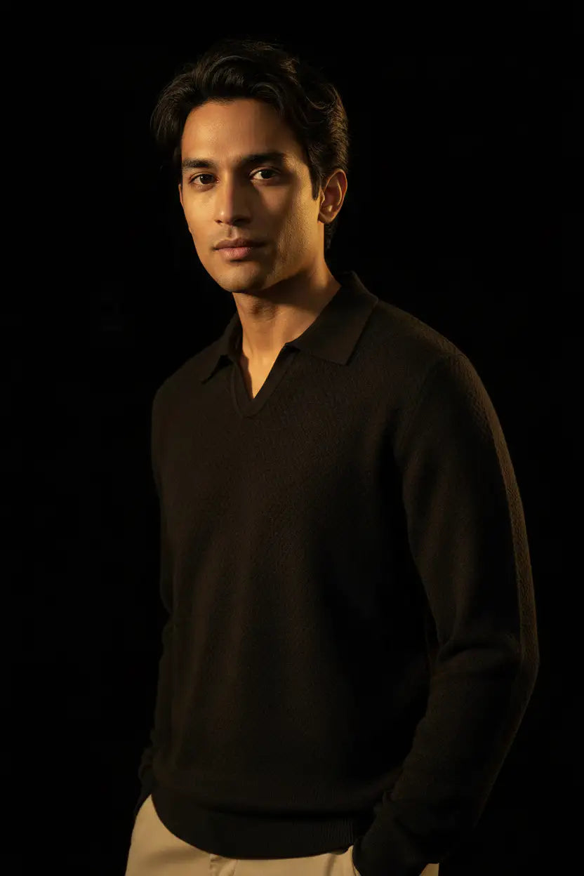 Jacquard Cotton V-Neck Polo Pullover - Black Editorial 2
