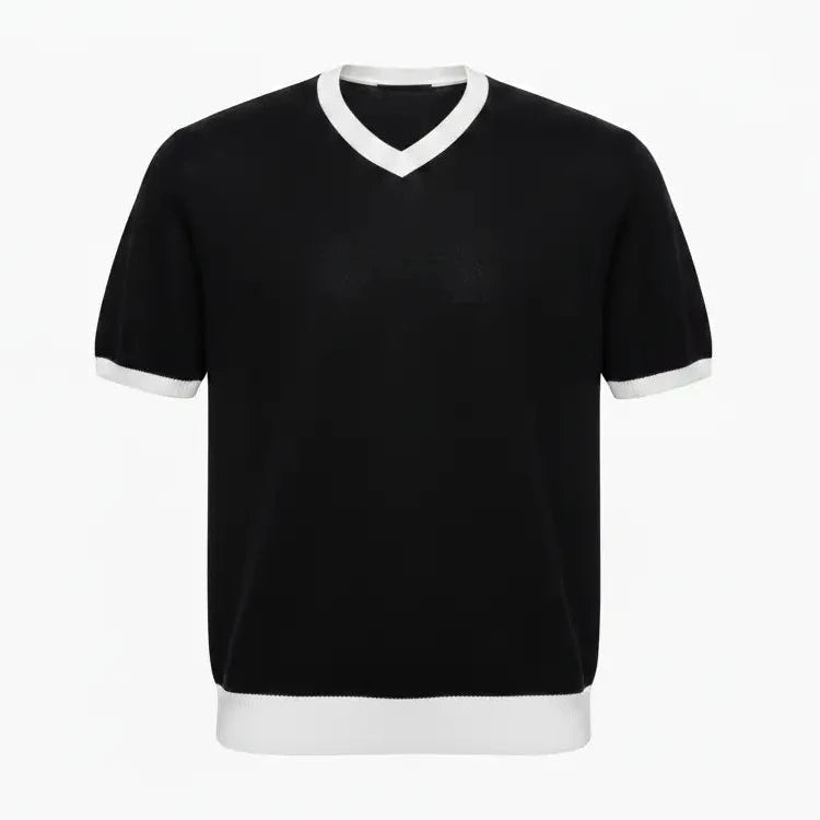 Jacquard V-Neck Tee Black - No Label