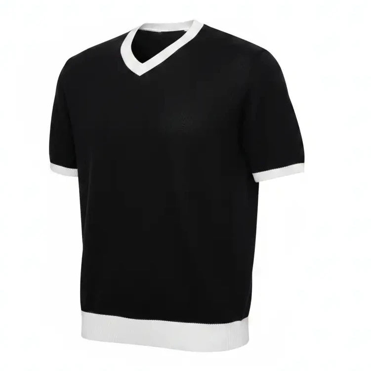 Jacquard V-Neck Tee Black - Three Quarter Side