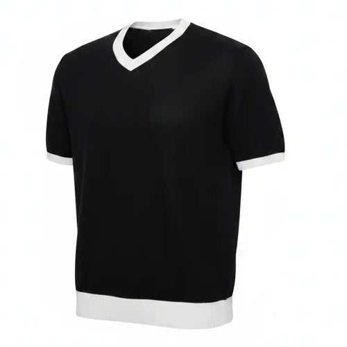 Jacquard V-Neck Tee Black - Three Quarter Side