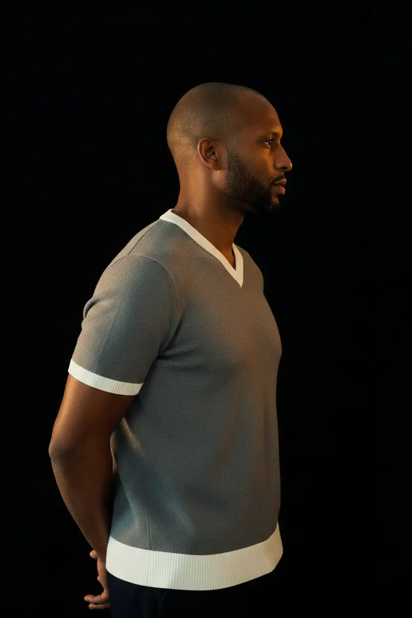 Jacquard V-Neck Tee Gray - Dark Editorial Side
