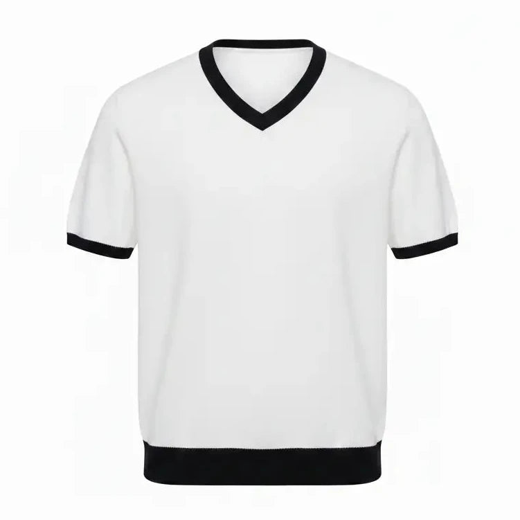 Jacquard V-Neck Tee White - Clean No Label