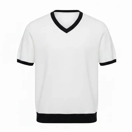 Jacquard V-Neck Tee White - Clean No Label