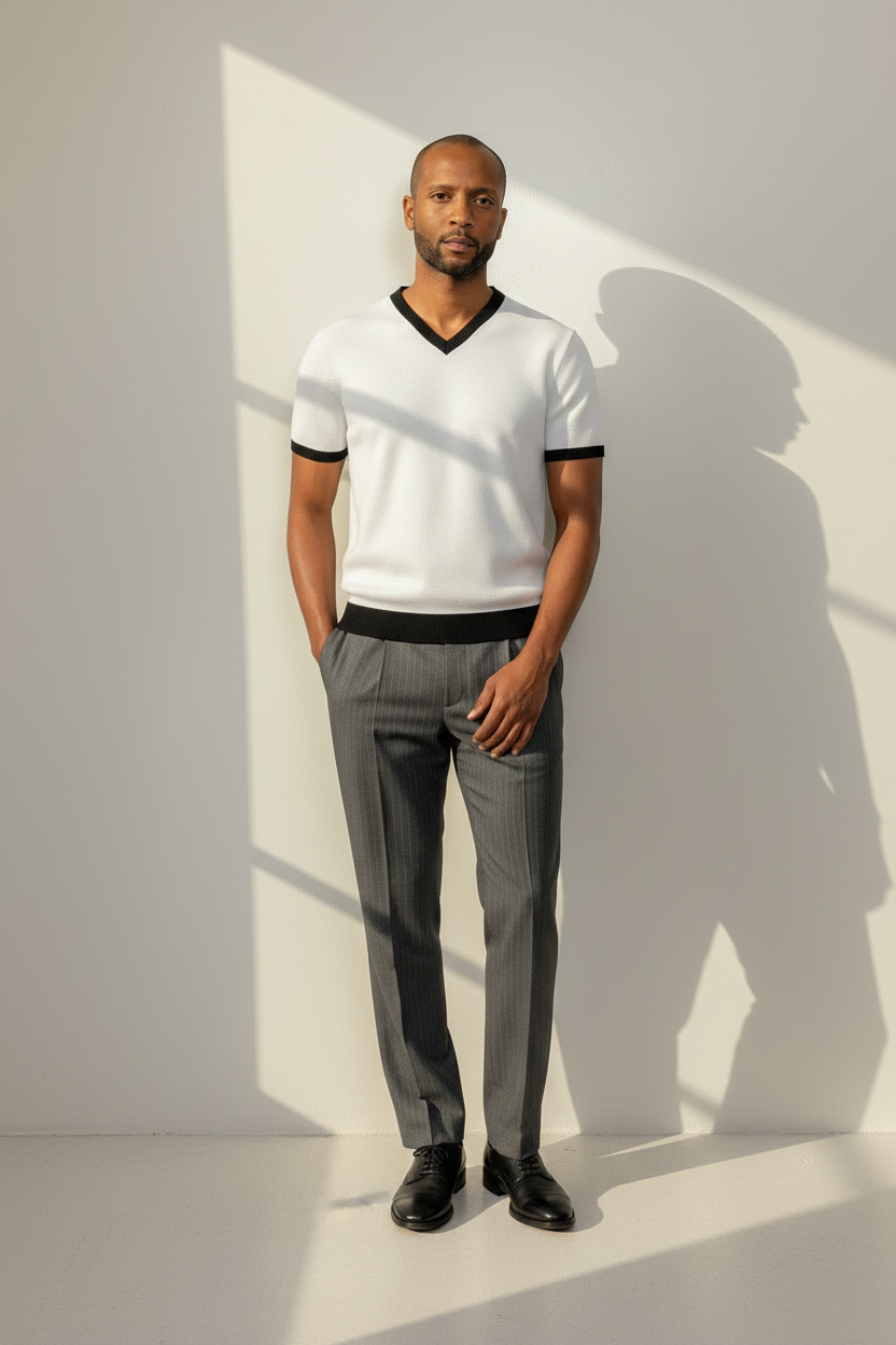 Jacquard V-Neck Tee White — Model Front