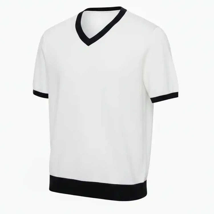 Jacquard V-Neck Tee White - Three Quarter No Label