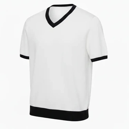 Jacquard V-Neck Tee White - Three Quarter No Label