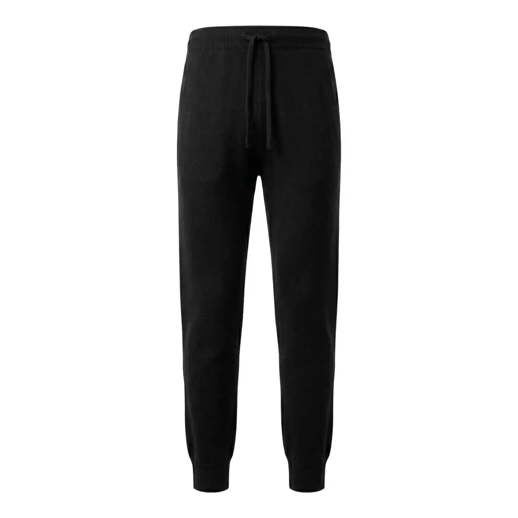 Jet Black cashmere joggers front view with the approved texture