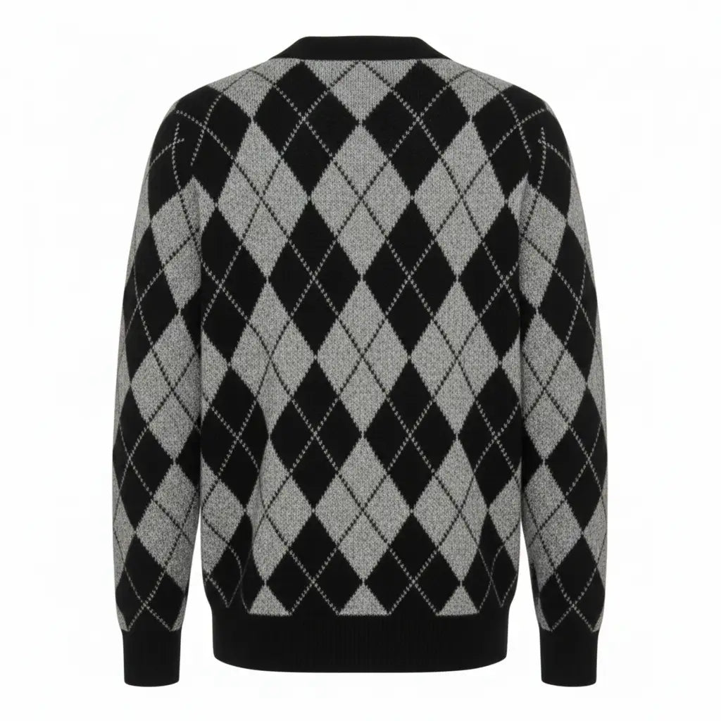 Merino Wool Argyle Cardigan Black Gray - Back View