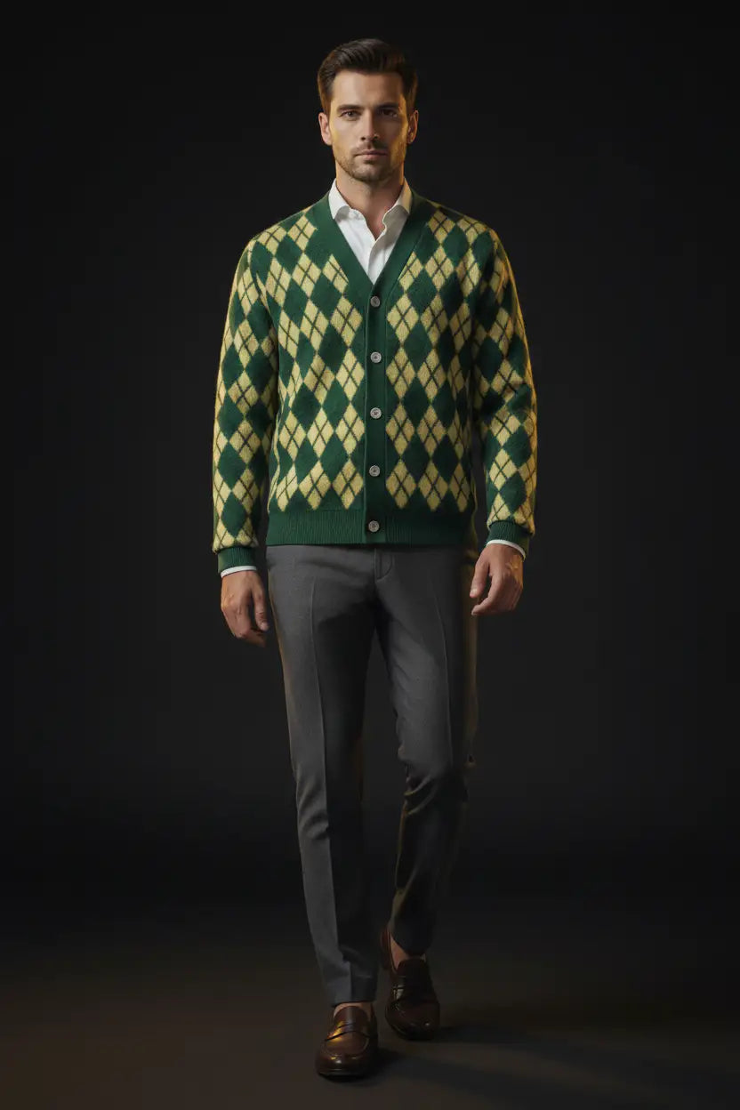 Merino Wool Argyle Cardigan Hunter Green Yellow - Dark Editorial