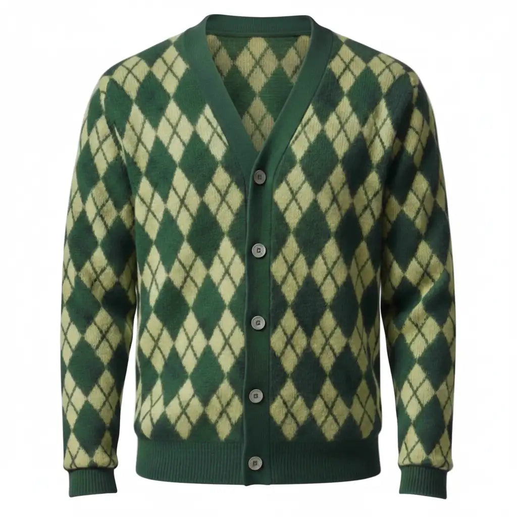 Merino Wool Argyle Cardigan Hunter Green Yellow - Front
