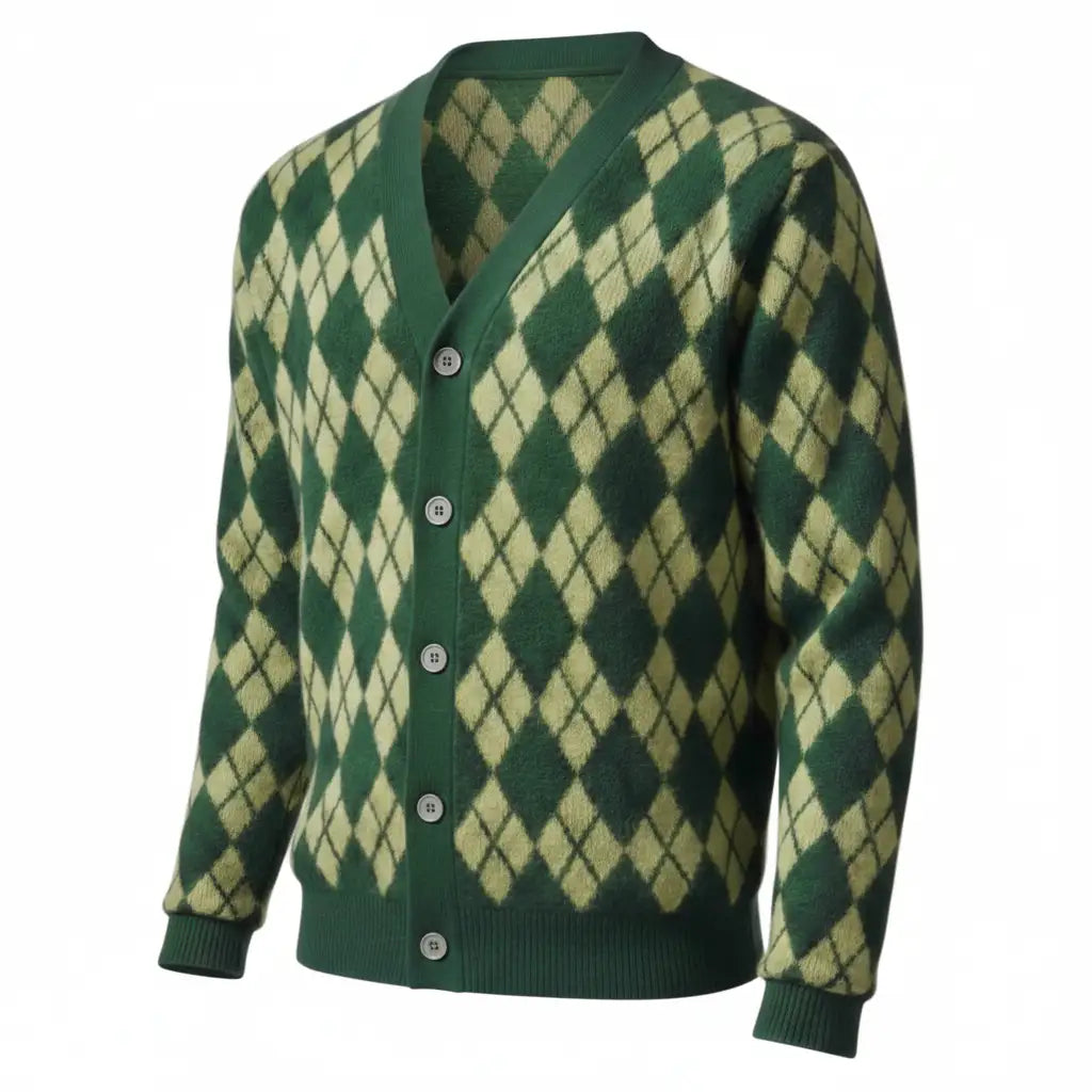 Merino Wool Argyle Cardigan Hunter Green Yellow - Three-Quarter Side