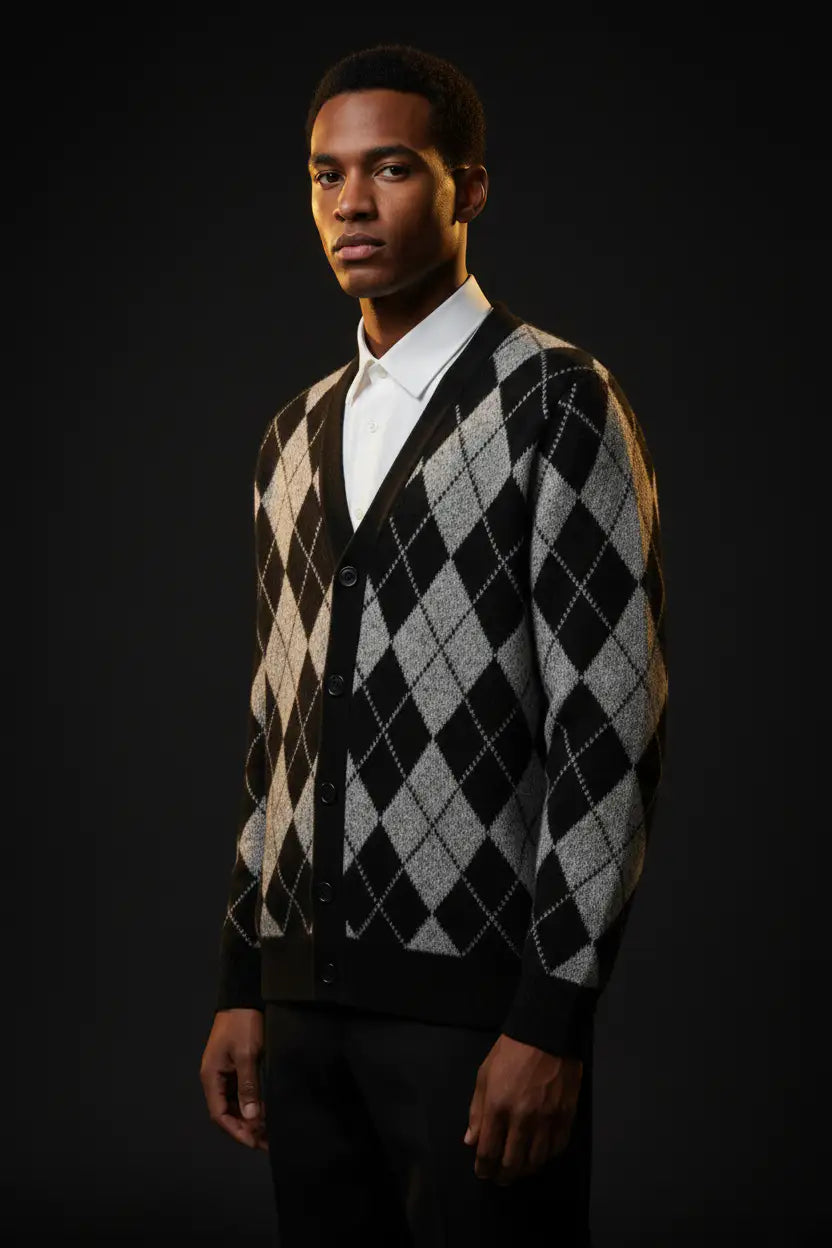 Merino Wool Argyle Cardigan - Professional Editorial