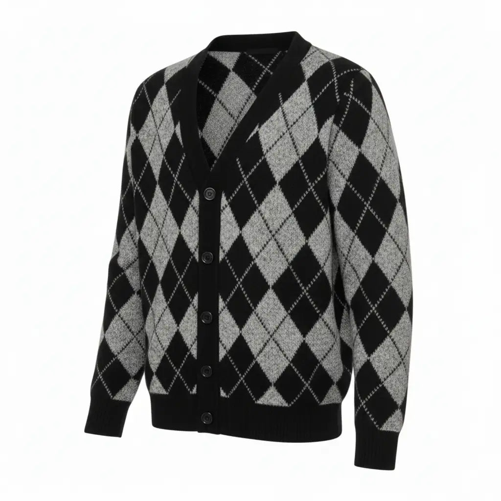 Merino Wool Argyle Cardigan - Three-Quarter Side
