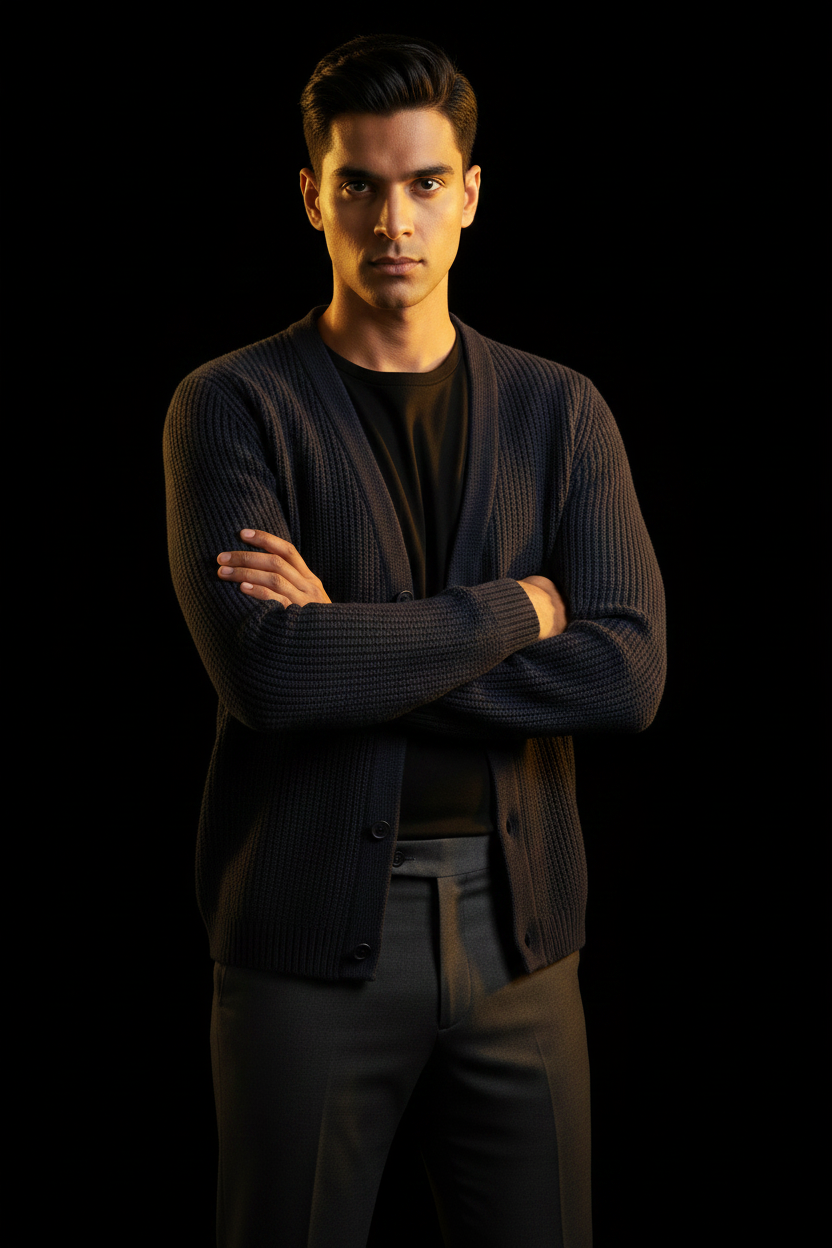 Merino Wool V-Neck Cardigan - Navy Editorial Pose 3