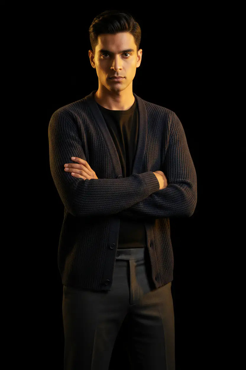 Merino Wool V-Neck Cardigan - Navy Editorial Pose 3