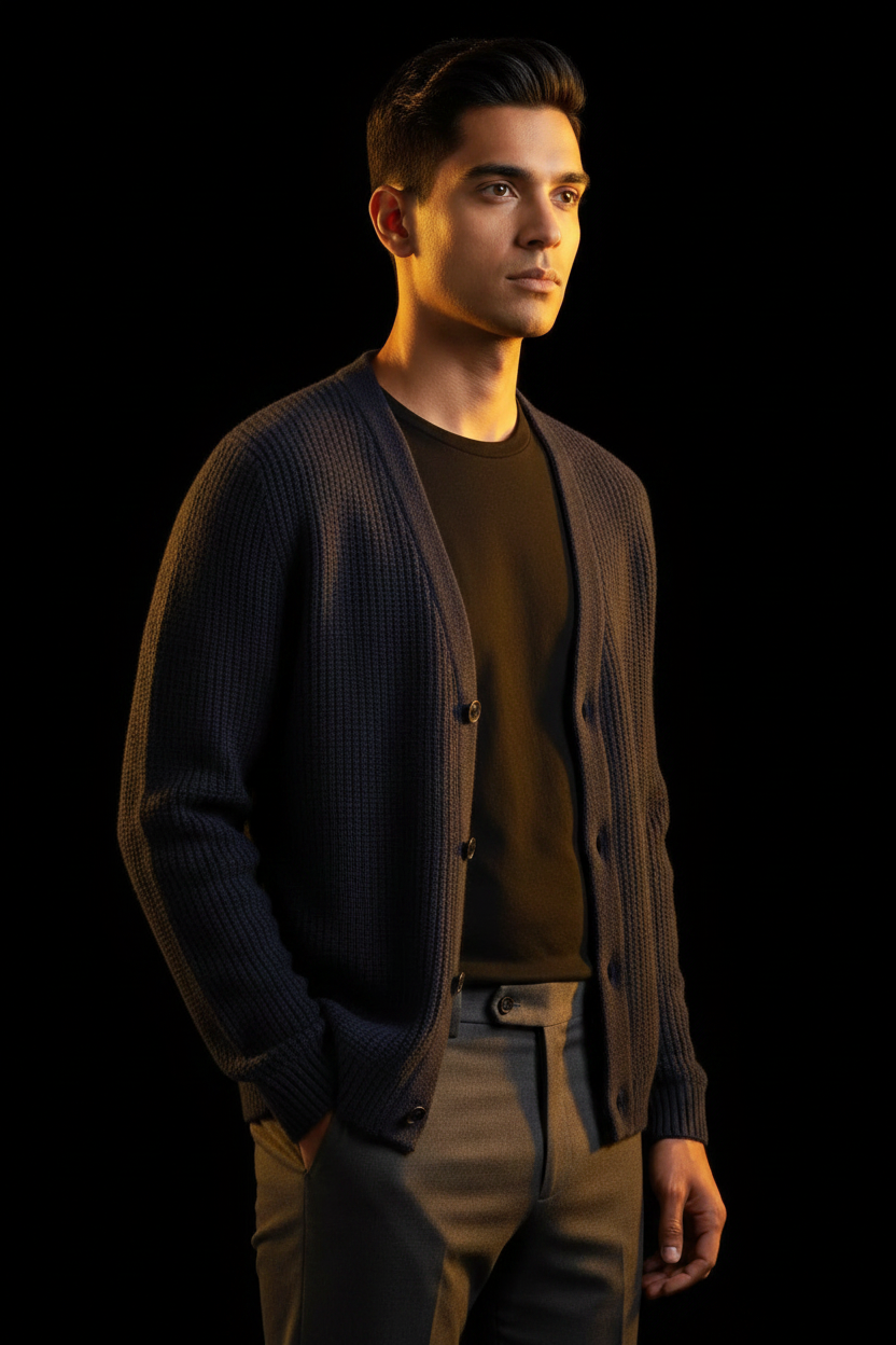 Merino Wool V-Neck Cardigan - Navy Editorial