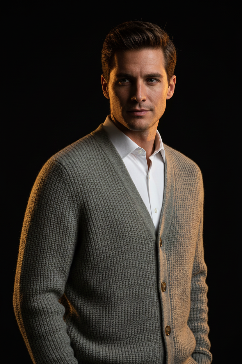 Merino Wool V-Neck Cardigan - Sage Gray Editorial