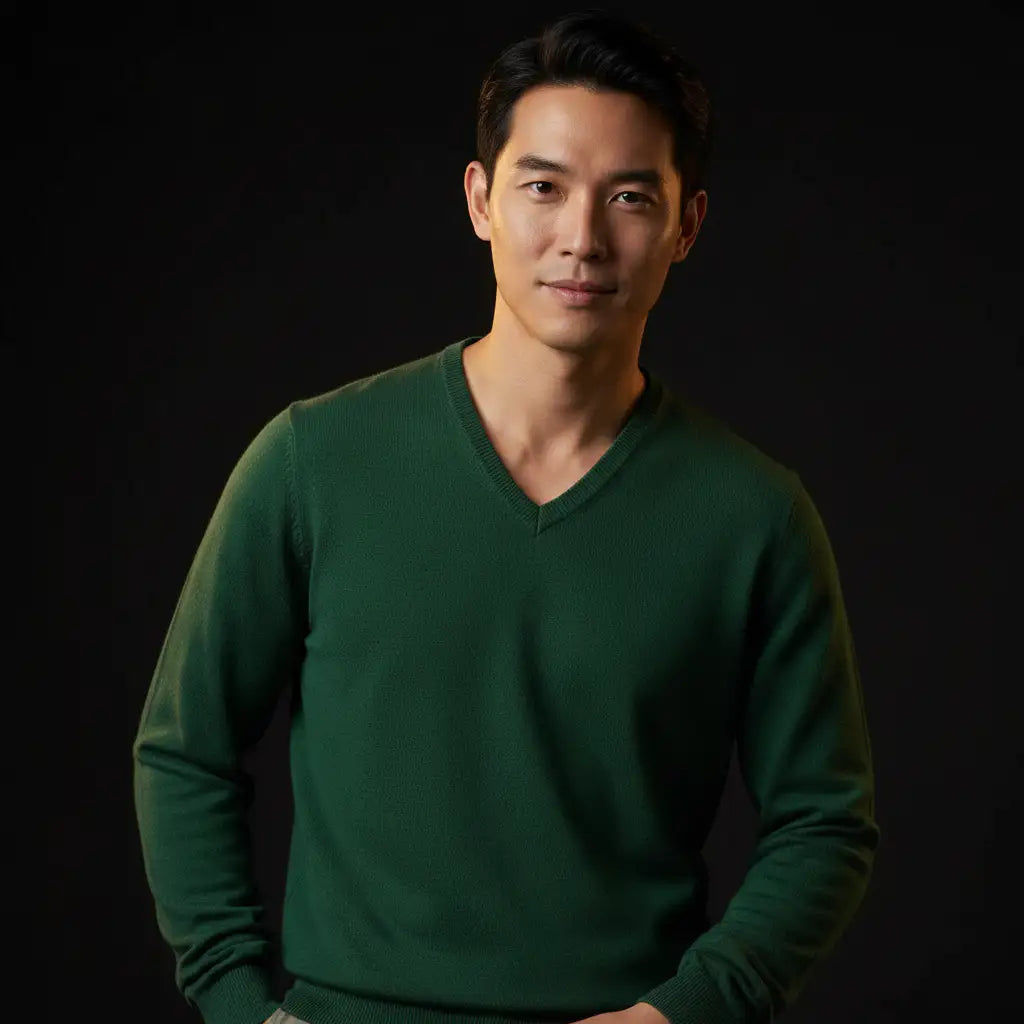 Merino Wool V-Neck Pullover Green - Dark Editorial