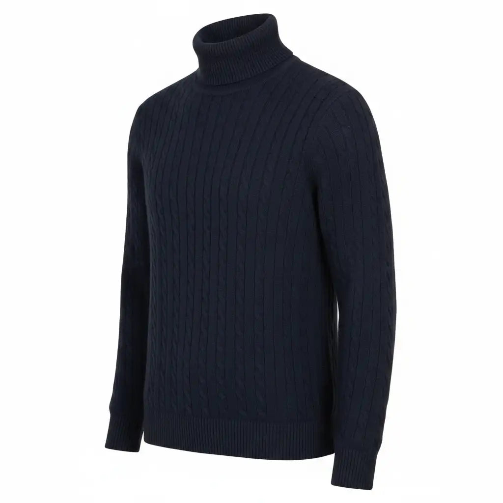 Navy Cable Knit Turtleneck Three-Quarter Side