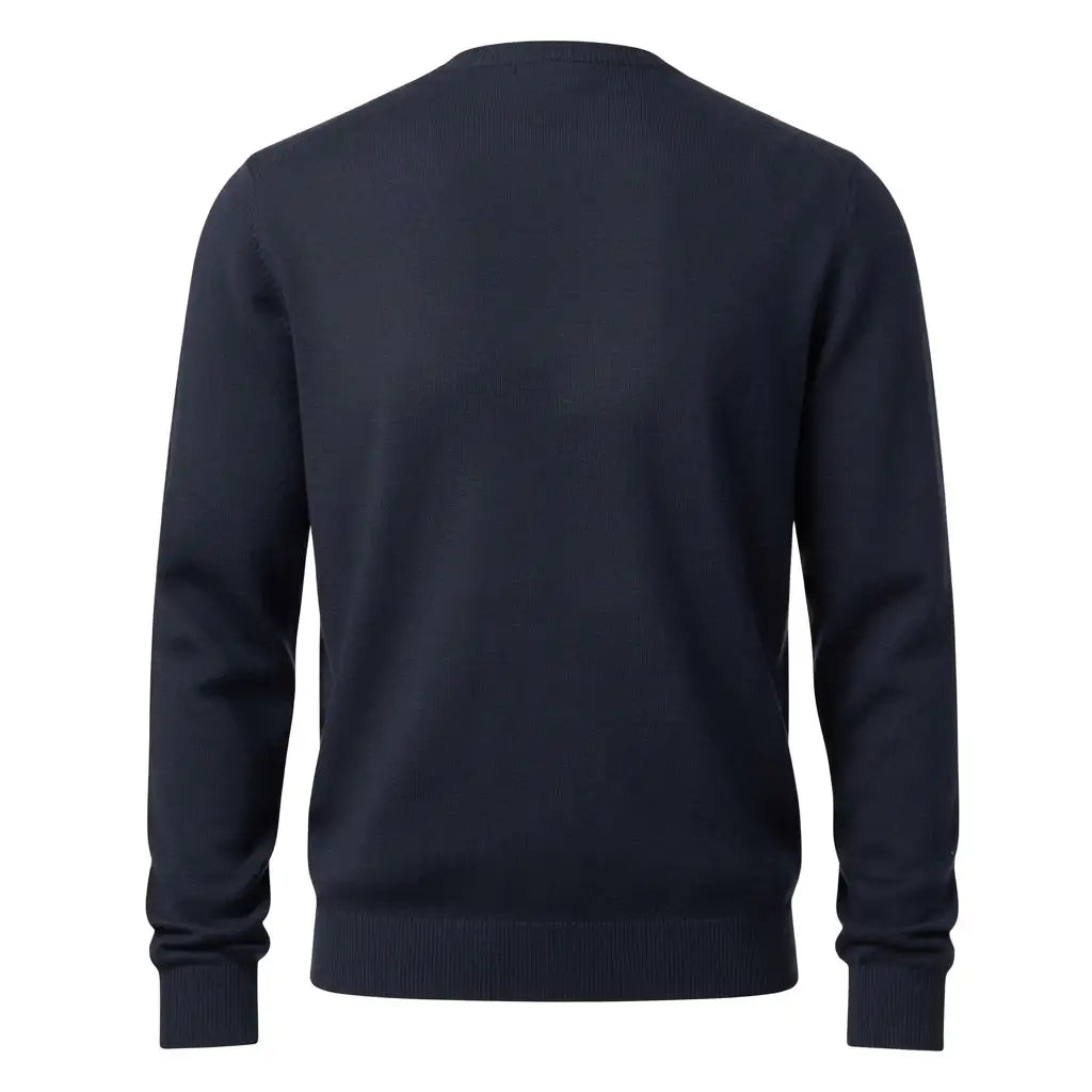 Navy merino pullover straight-on back shot