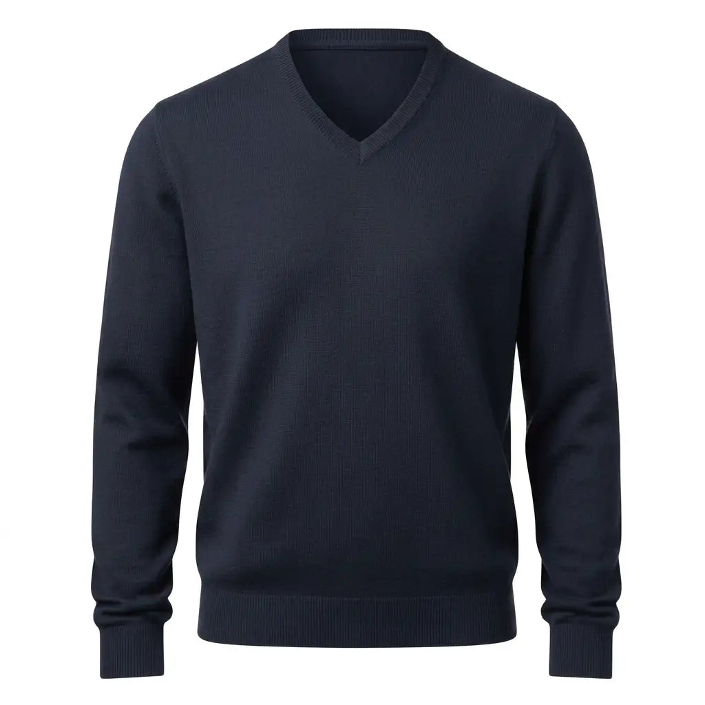 Navy merino V-neck pullover front hero shot