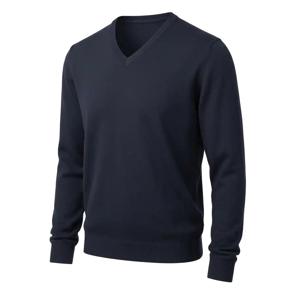 Navy merino V-neck pullover three-quarter side shot