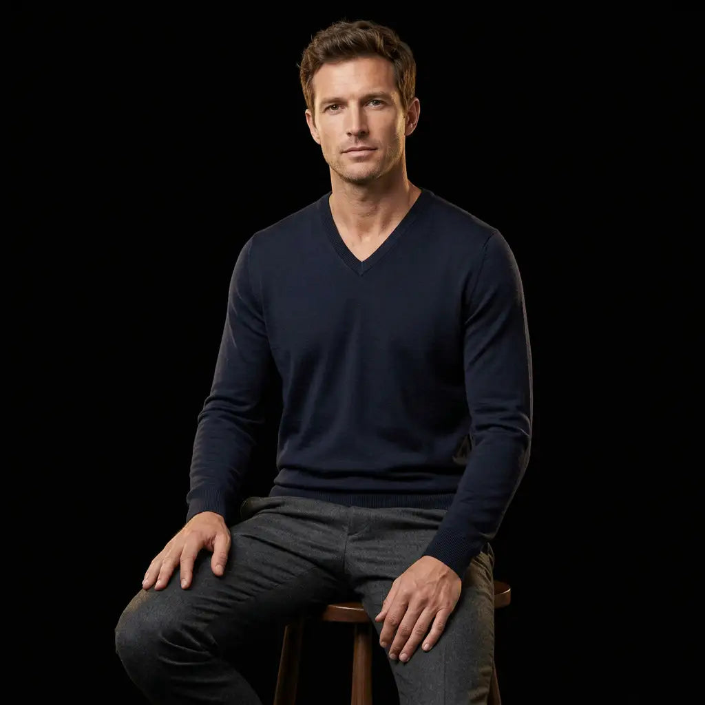 Navy merino V-neck seated editorial with Caucasian male model