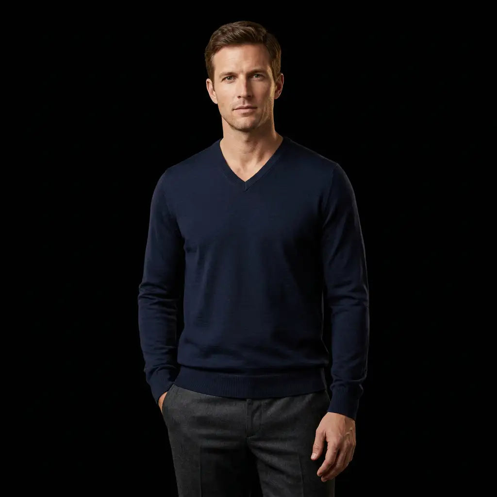 Navy merino V-neck standing editorial with Caucasian male model
