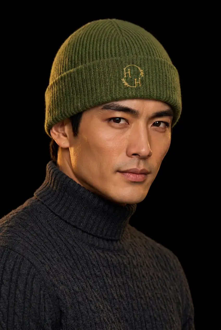 Olive beanie editorial portrait with the Nero cable-knit turtleneck