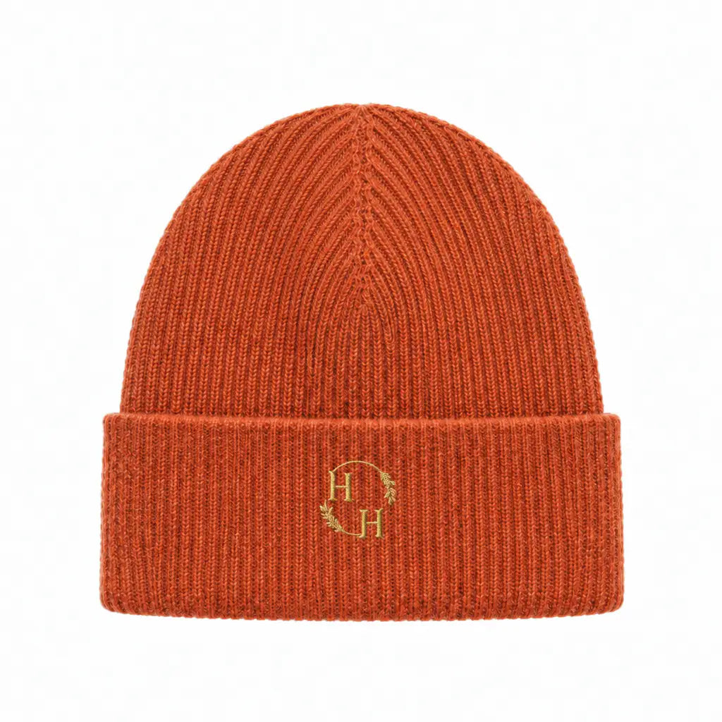 Persimmon beanie with metallic gold embroidery