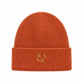 Persimmon beanie with metallic gold embroidery