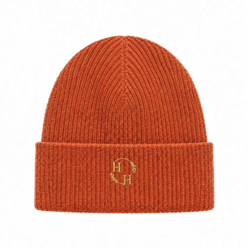 Persimmon beanie with metallic gold embroidery