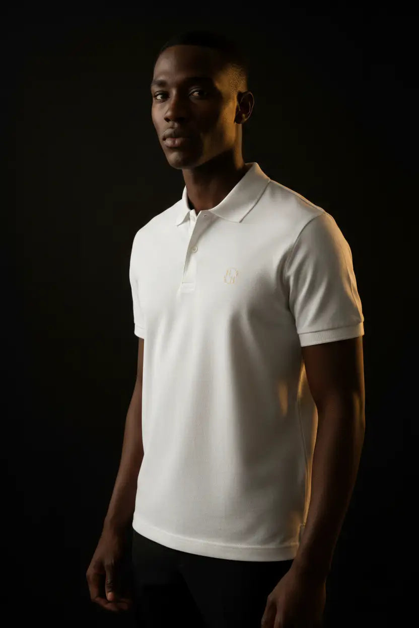 Pima Polo — White on Model Pulled Back