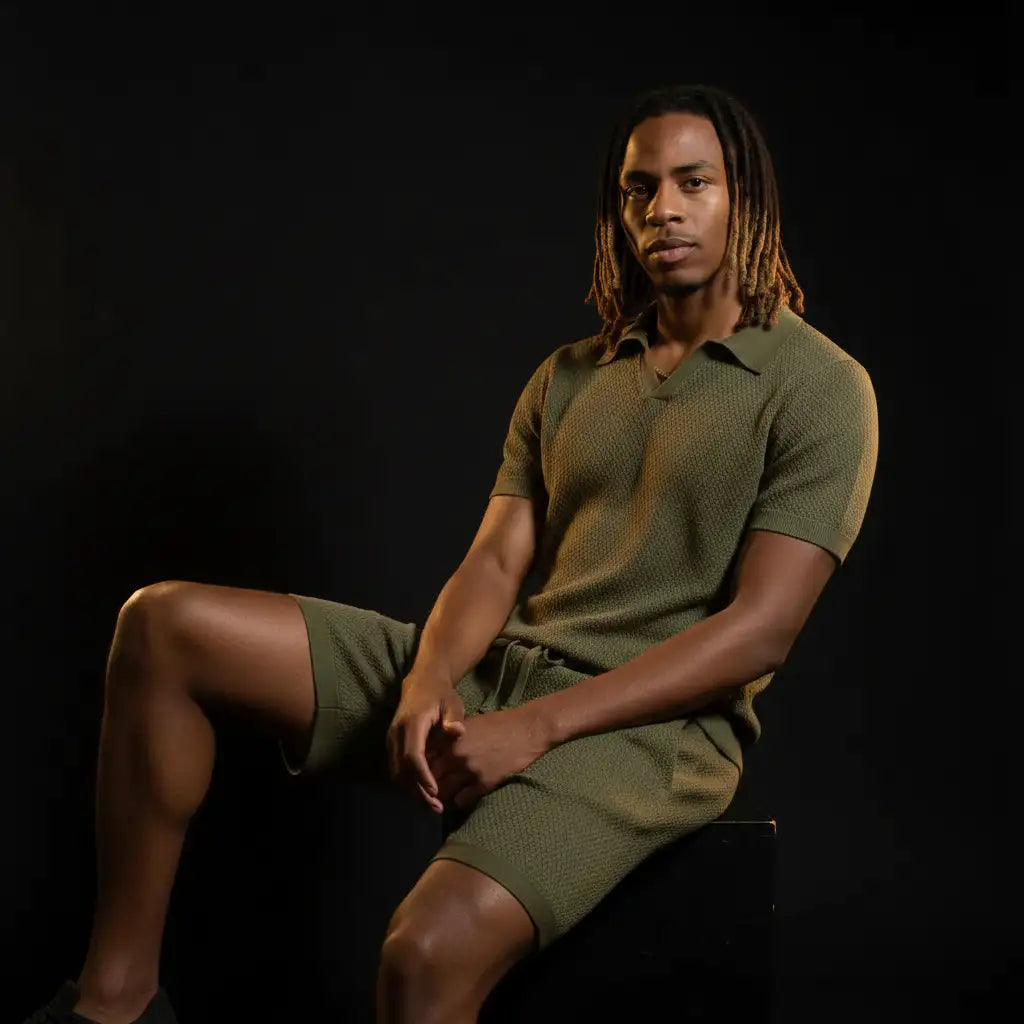 Pure BCI Cotton Knit Shorts Olive - Editorial Seated