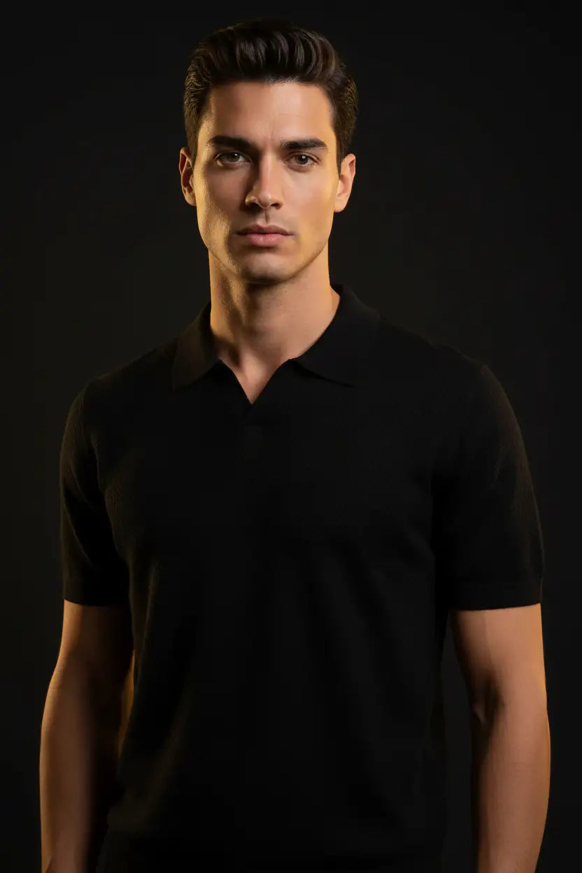 Pure BCI Cotton V Neck Polo Black — Editorial