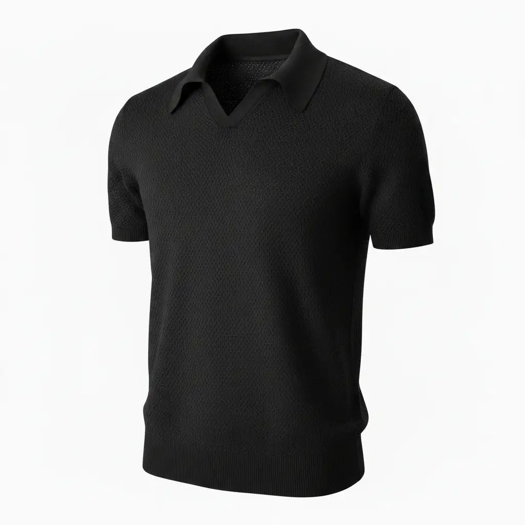 Pure BCI Cotton V Neck Polo Black — Three-Quarter Side