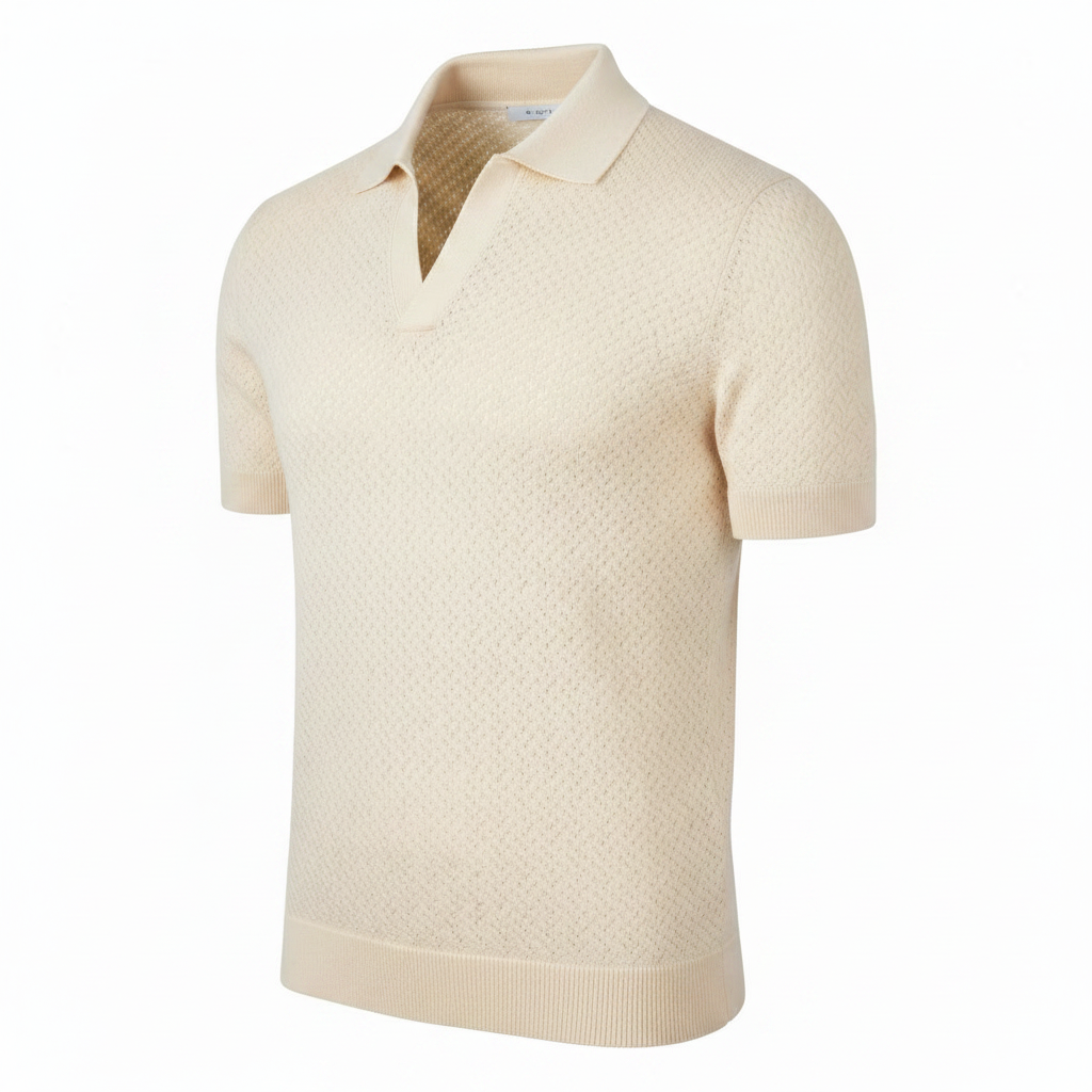 Pure BCI Cotton V Neck Polo Off White — Three-Quarter Side, no tag