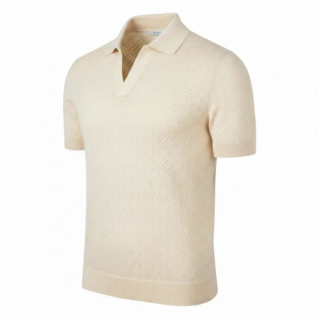 Pure BCI Cotton V Neck Polo Off White — Three-Quarter Side, no tag