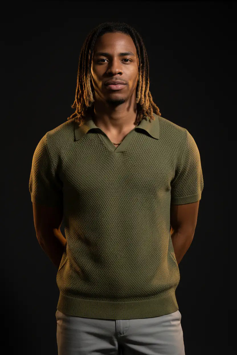 Pure BCI Cotton V Neck Polo Olive — Editorial