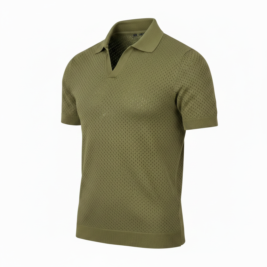 Pure BCI Cotton V Neck Polo Olive — Three-Quarter Side, no tag