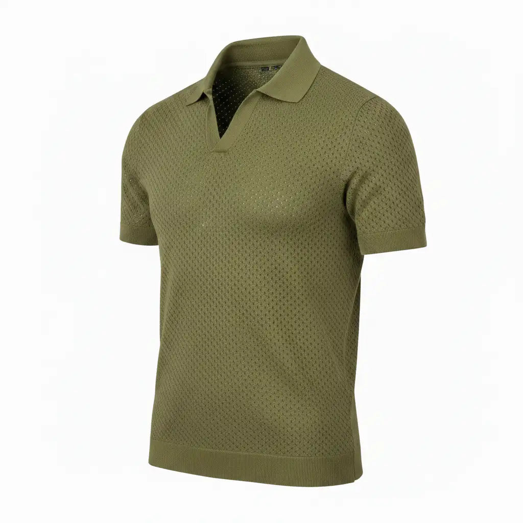 Pure BCI Cotton V Neck Polo Olive — Three-Quarter Side, no tag