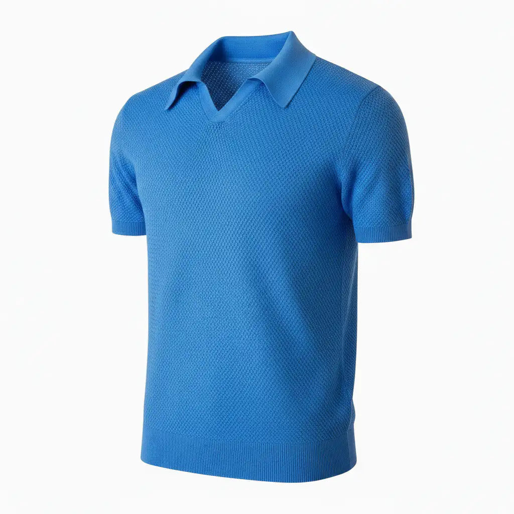Pure BCI Cotton V Neck Polo Sky Blue — Three-Quarter Side