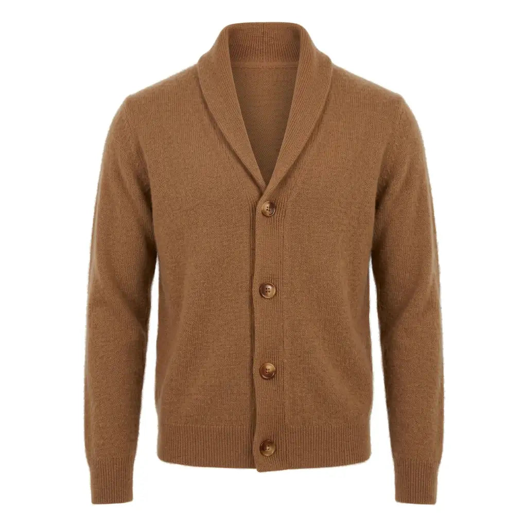 Pure Cashmere Shawl Collar Cardigan in caramel, front view