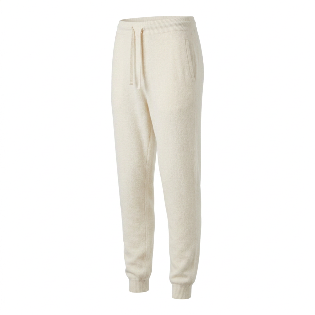 Pure White cashmere joggers in a three-quarter side view