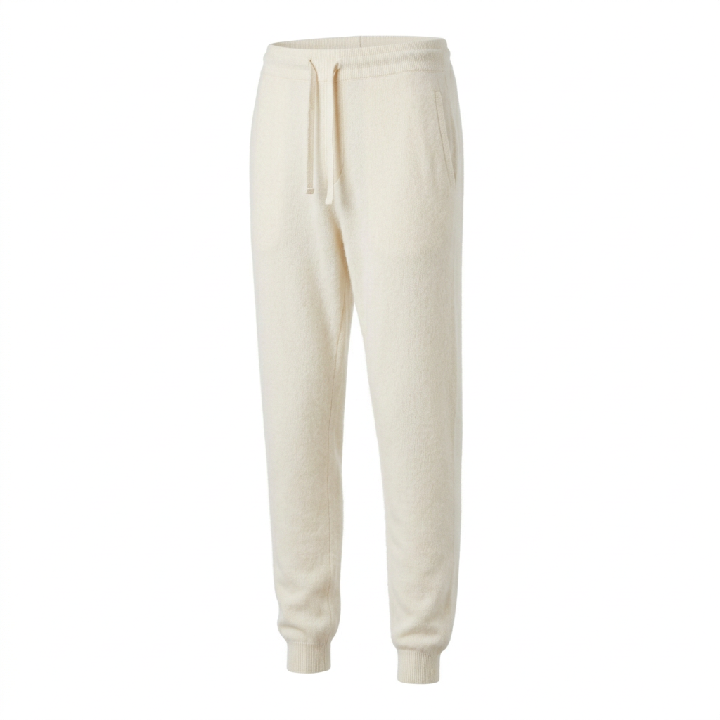 Pure White cashmere joggers with improved clarity and approved cashmere softness