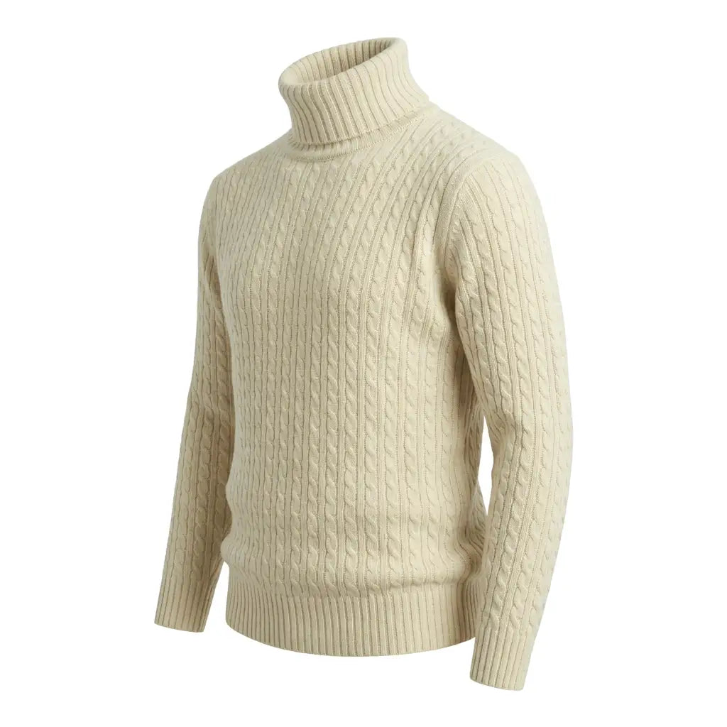 Pure White turtleneck in the swatch-matched off-white shade, three-quarter side view