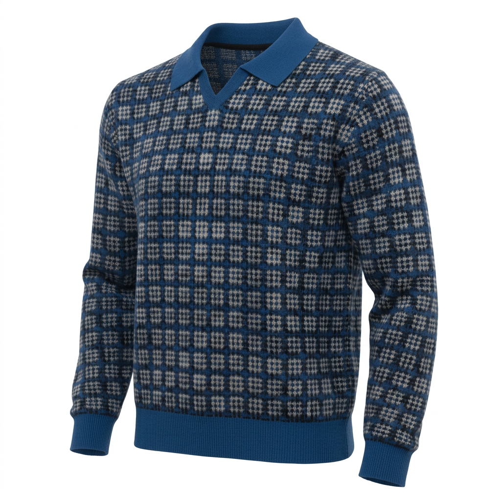 Rebuilt three-quarter polo shot using the original garment and fabric close-up