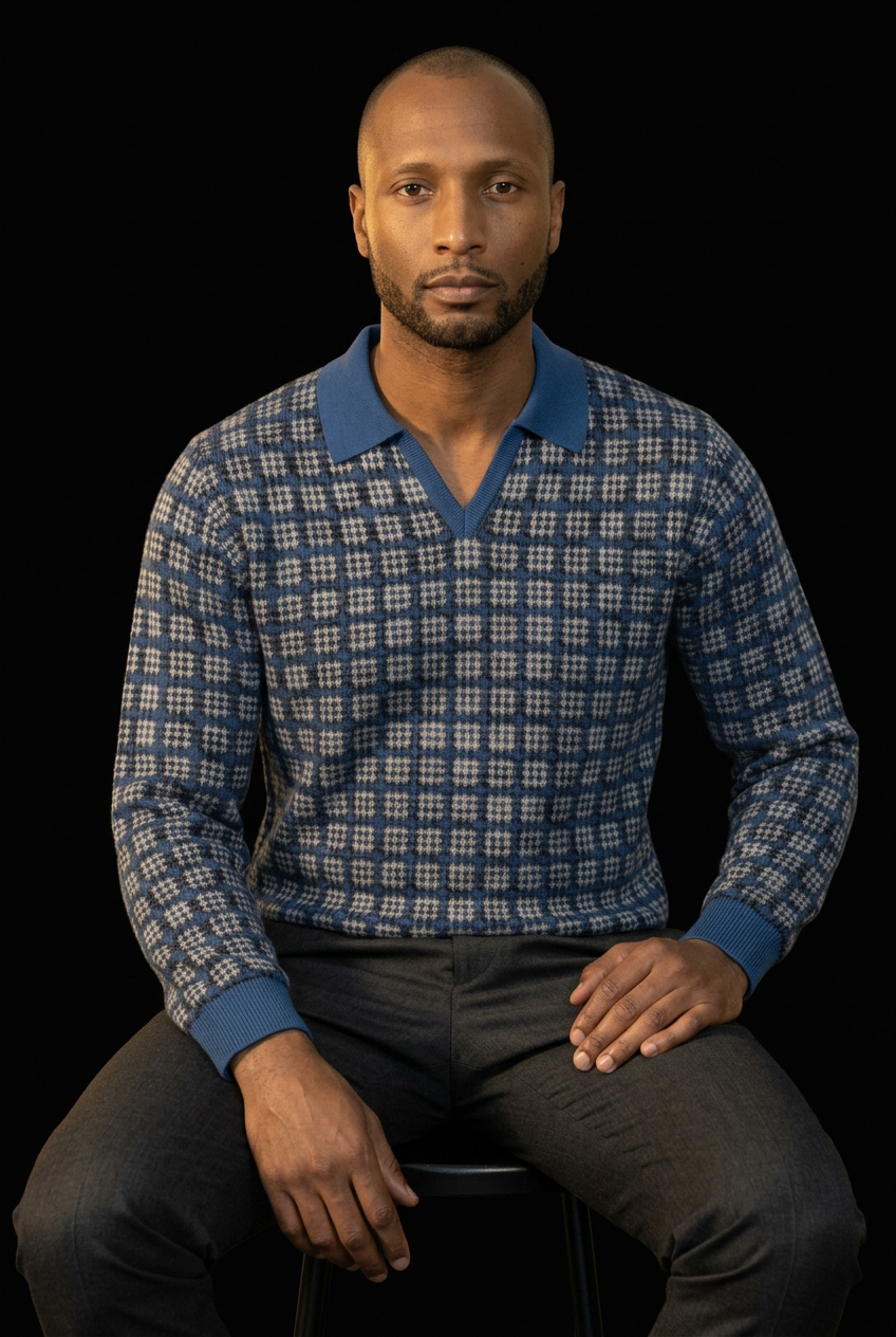 Seated editorial of the model wearing the jacquard polo