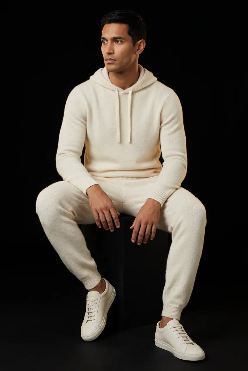 Seated editorial pose in ivory cashmere hoodie and joggers