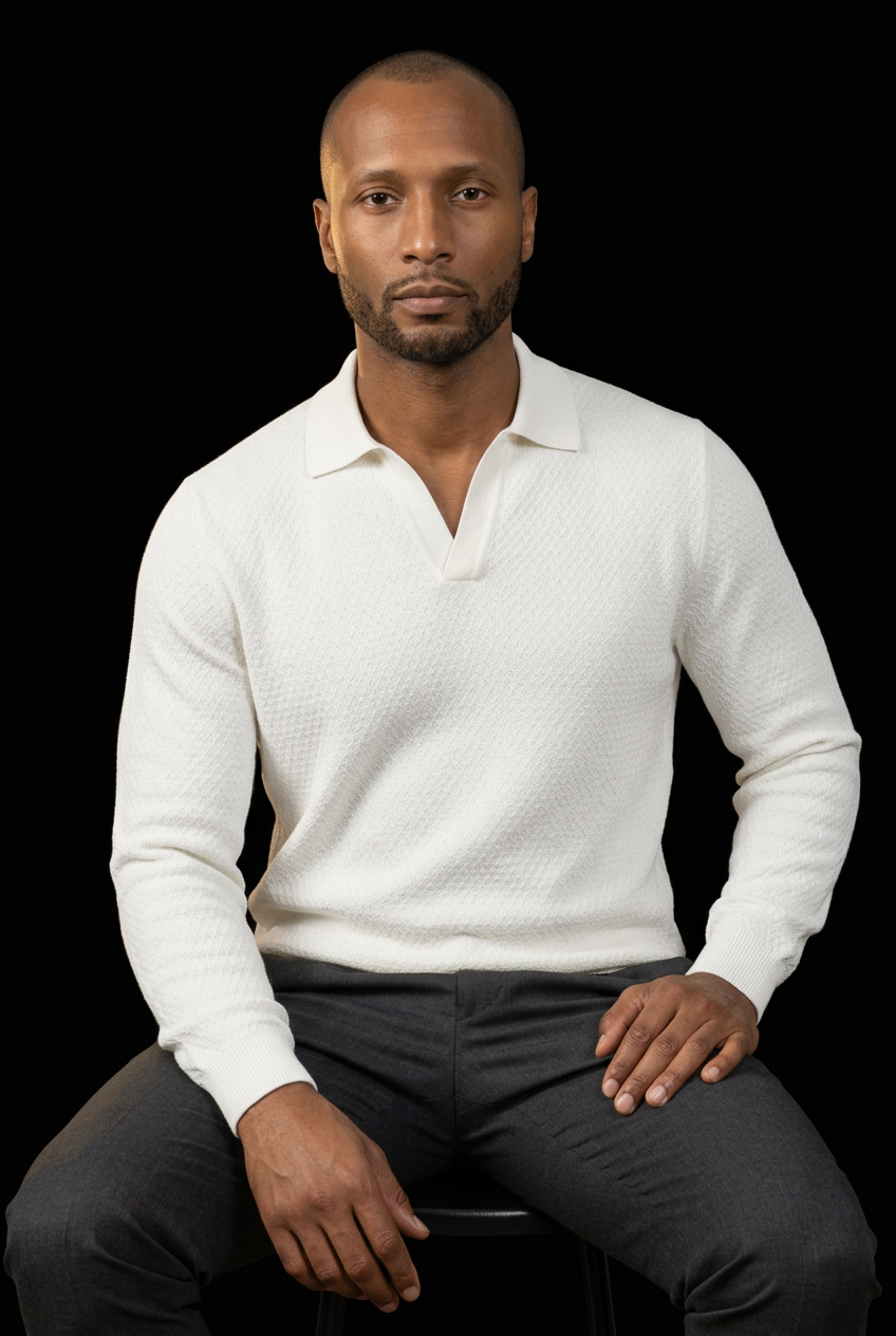 Seated editorial wearing the off-white polo pullover
